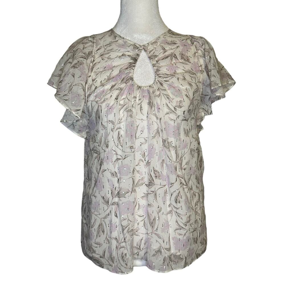 Rebecca Taylor Cream Blush Floral Keyhole Flutter Sleeve Blouse